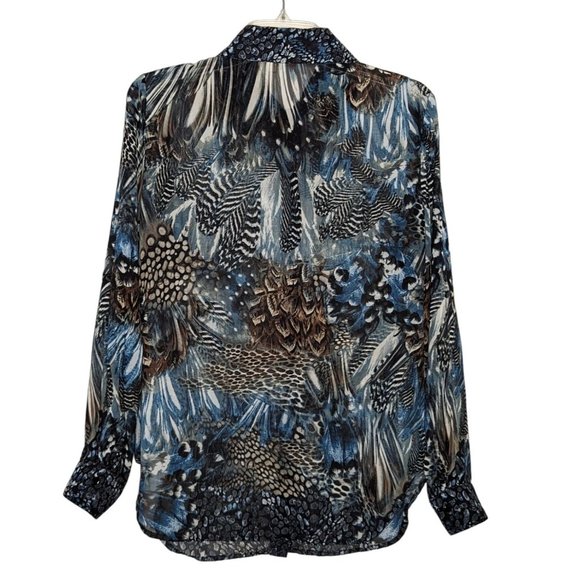 Lavender & Honey sheer long sleeve button up feather animal print blouse size M - Picture 2 of 8